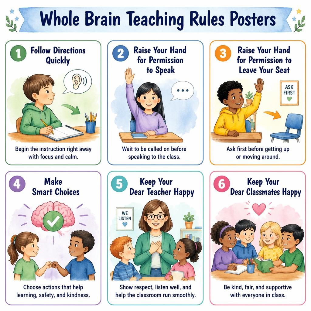 Six-card classroom infographic with whole brain teaching rules posters, icons, rule titles, and kid-friendly descriptions.