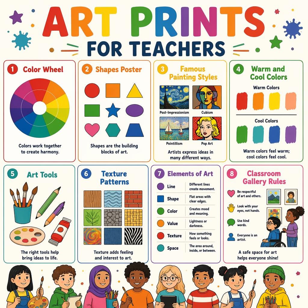 Colorful classroom poster grid with 8 art-themed cards for kids, including color wheel, shapes, art tools, and gallery rules.