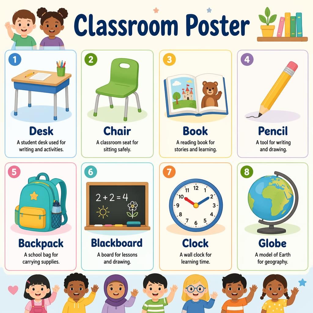 Raster-Infografik mit 8 Karten zu Klassenobjekten: Schreibtisch, Stuhl, Buch, Bleistift, Rucksack, Tafel, Uhr, Globus.
