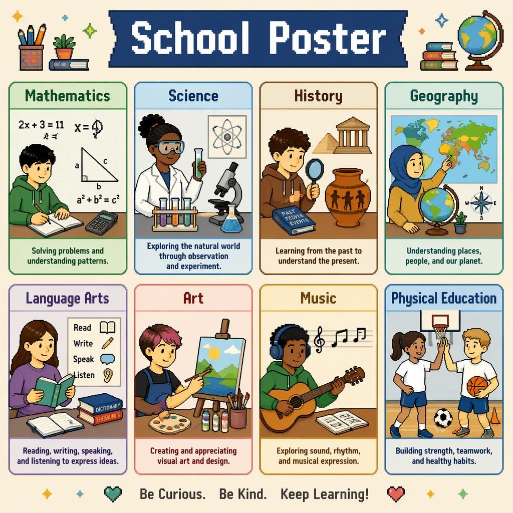 Póster escolar con 8 tarjetas en cuadrícula, iconos de materias, texto en inglés y estilo pixel art de paleta suave.