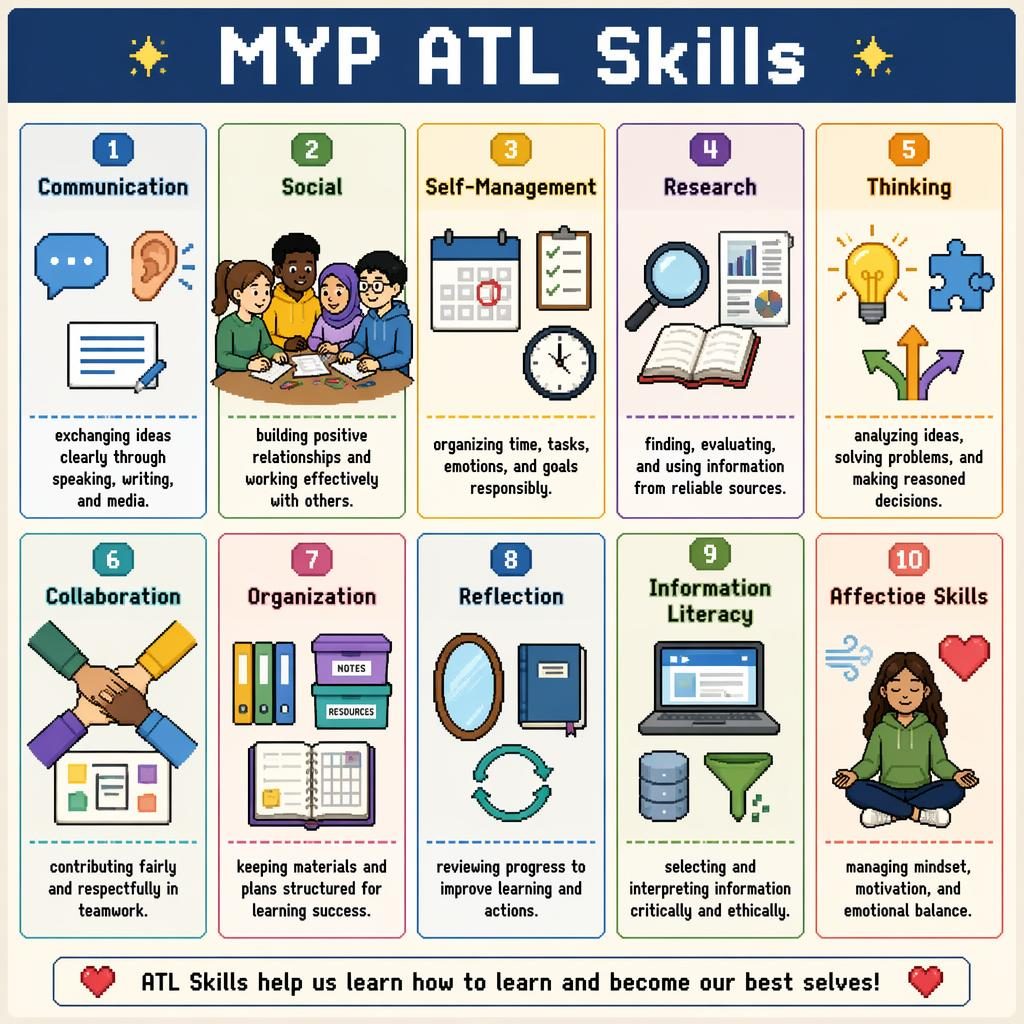 Pixel art classroom poster with 10 uniform cards for MYP ATL skills, icons, English labels, and muted Montessori colors.
