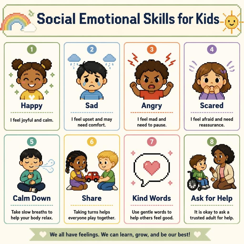 Pixel art classroom poster with 8 social emotional skill cards for kids, labeled Happy, Sad, Angry, Scared, Calm Down, Share, Kind Words, Ask for Help.