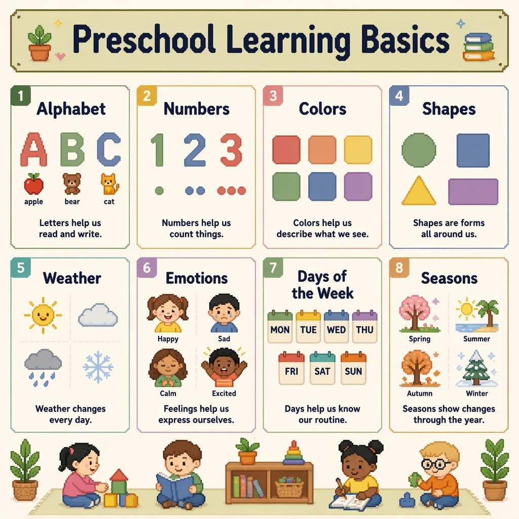 Pixel art classroom poster with 8 preschool learning cards for alphabet, numbers, colors, shapes, weather, emotions, days, and seasons.