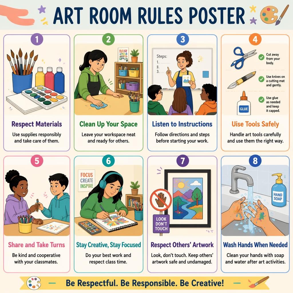 Art room rules poster with 8 illustrated cards showing safe, respectful classroom behaviors for diverse middle school students.