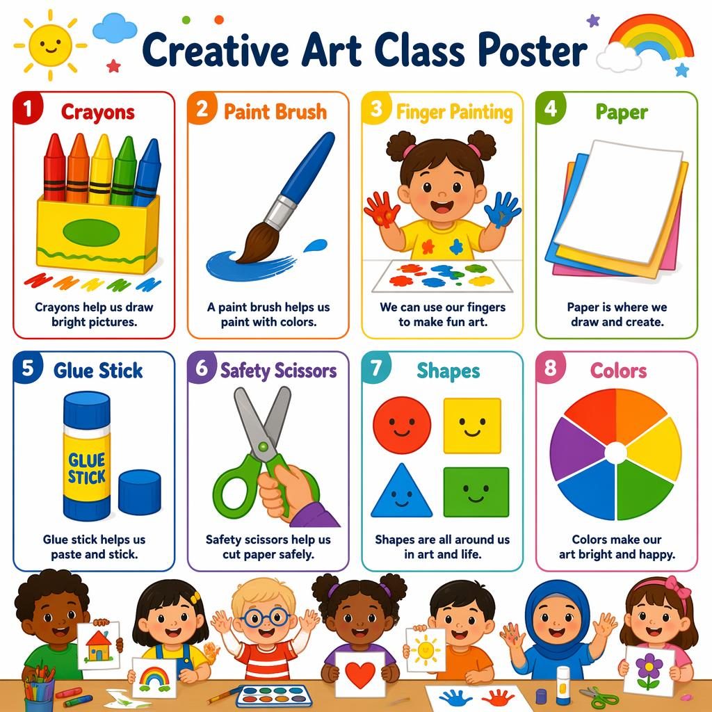 8-card creative art class poster grid for toddlers with crayons, paint brush, finger painting, paper, glue stick, scissors, shapes, and colors.