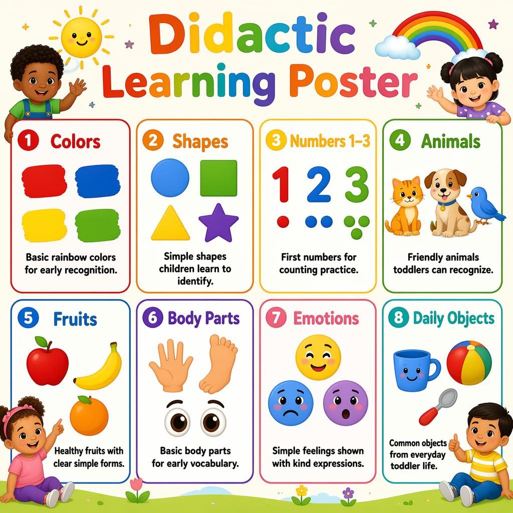 Póster didáctico con 8 tarjetas en cuadrícula, iconos básicos, texto en inglés y niños diversos alrededor.