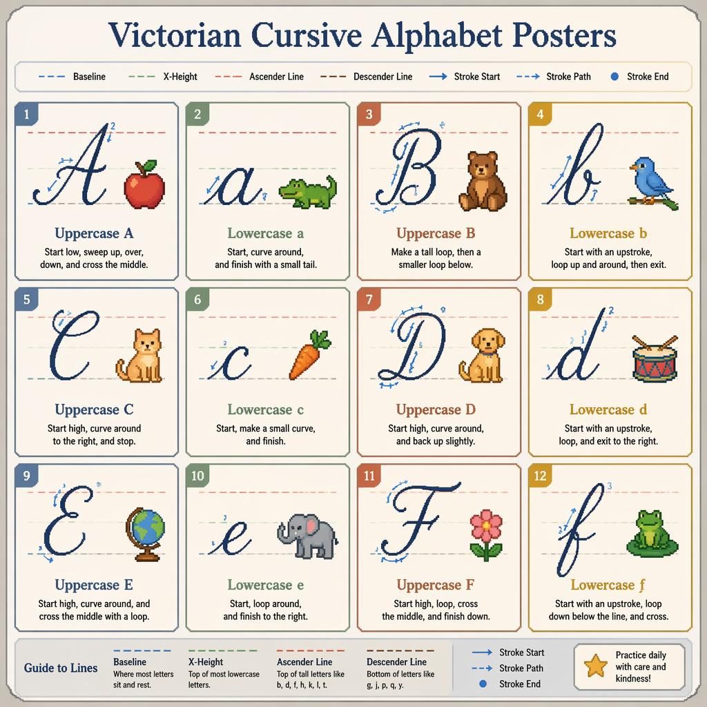12-card classroom poster grid showing Victorian cursive alphabet examples with pixel-art letters, guide arrows, and line guides