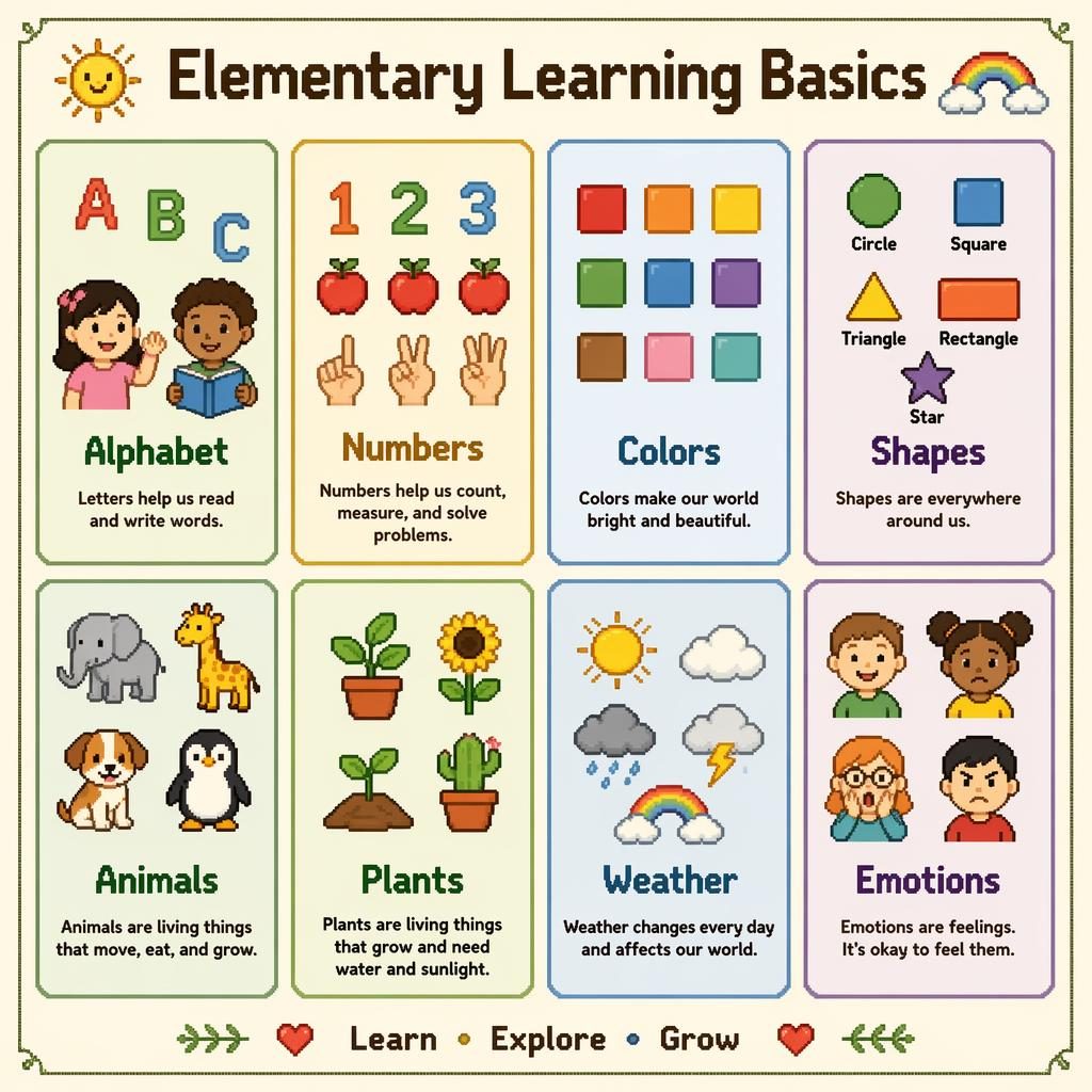 Pixel art elementary poster with 8 learning cards for alphabet, numbers, colors, shapes, animals, plants, weather, and emotions.