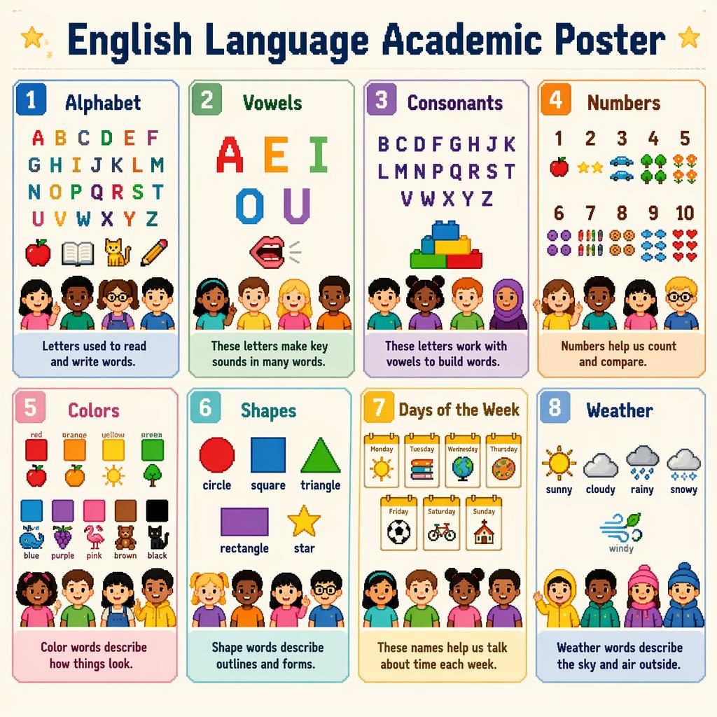 Pixel art English language academic poster with 8 learning cards for alphabet, vowels, consonants, numbers, colors, shapes, days, and weather.