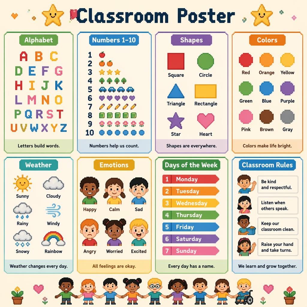 Educational classroom poster with 8 pixel art cards showing letters, numbers, shapes, colors, weather, emotions, days, and rules.