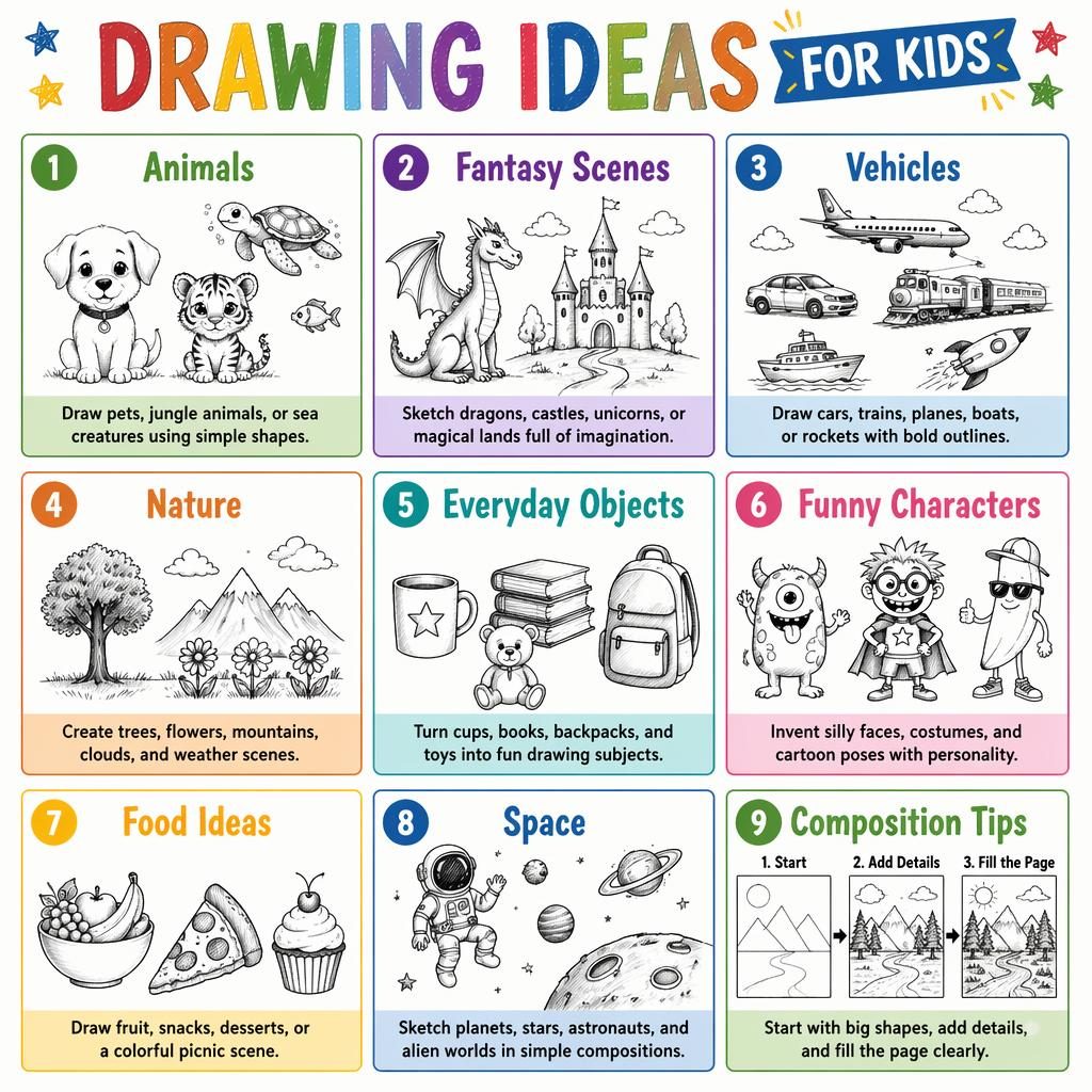 Buntes Klassenposter mit 9 Karten zu Drawing Ideas for Kids, mit Icons, englischen Titeln und kurzen Zeichen-Tipps.