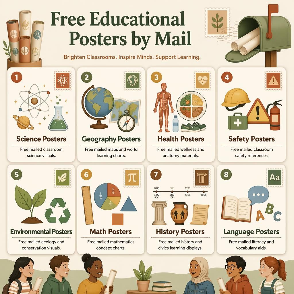 Infographic poster with 8 rounded cards showing science, geography, health, safety, environment, math, history, and language