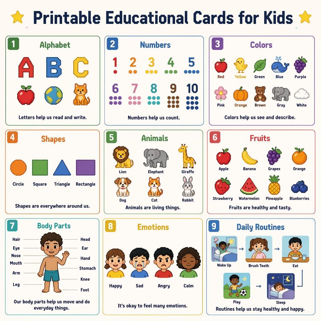 Infografía con 9 tarjetas educativas imprimibles en cuadrícula 3x3, estilo pixel art y paleta Montessori para niños.