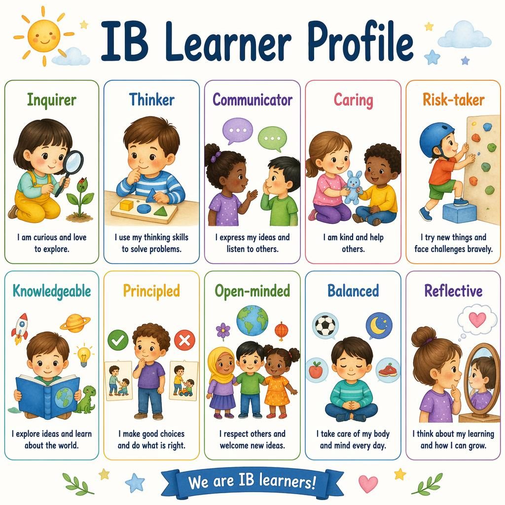 Educational poster with 10 rounded cards showing IB Learner Profile traits with toddler-friendly icons and English labels.