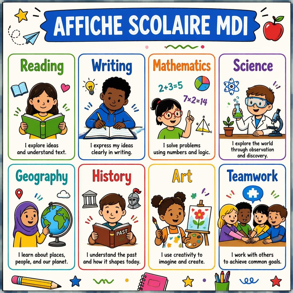 Poster éducatif en grille avec 8 cartes uniformes, icônes scolaires, enfants inclusifs et textes en anglais lisibles.