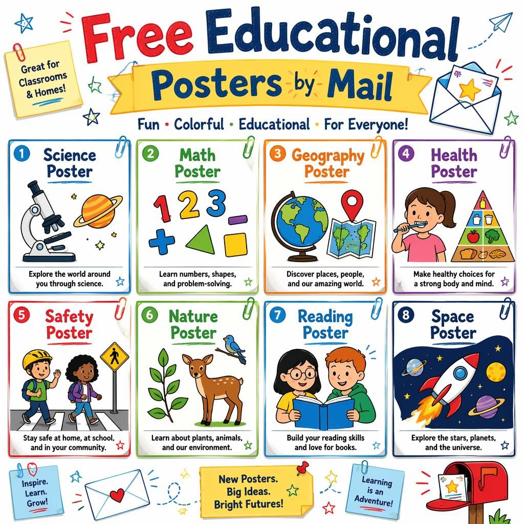 Colorful classroom infographic with 8 educational poster cards, kid-friendly icons, English labels, doodles, and mail motifs.