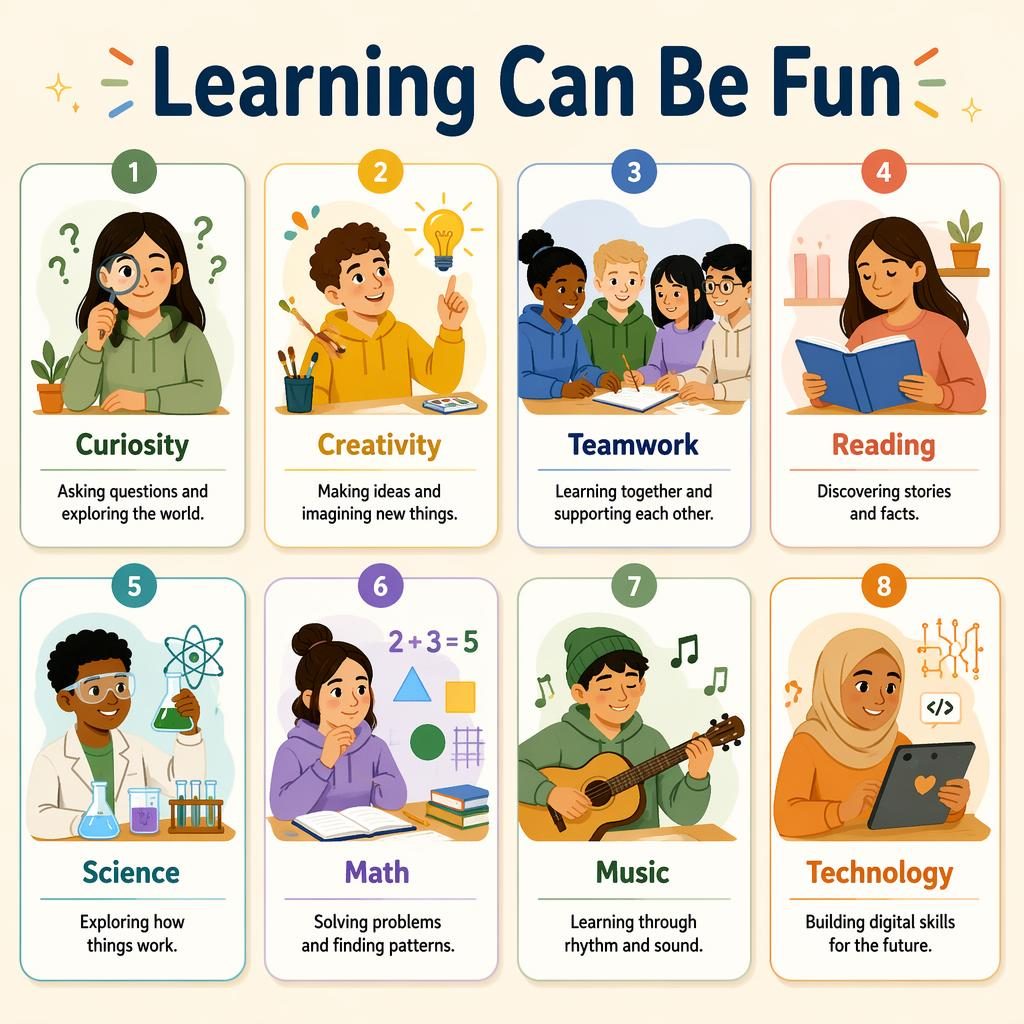 Minimal classroom poster with 8 rounded learning cards, diverse students, icons, and English labels in a warm earth palette.