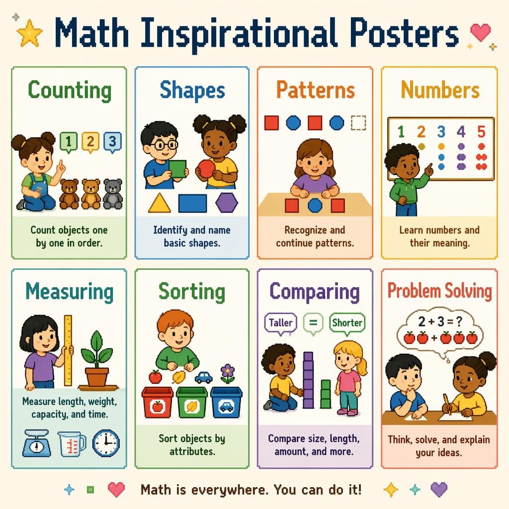 Pixel art classroom poster with 8 math cards on counting, shapes, patterns, numbers, measuring, sorting, comparing.