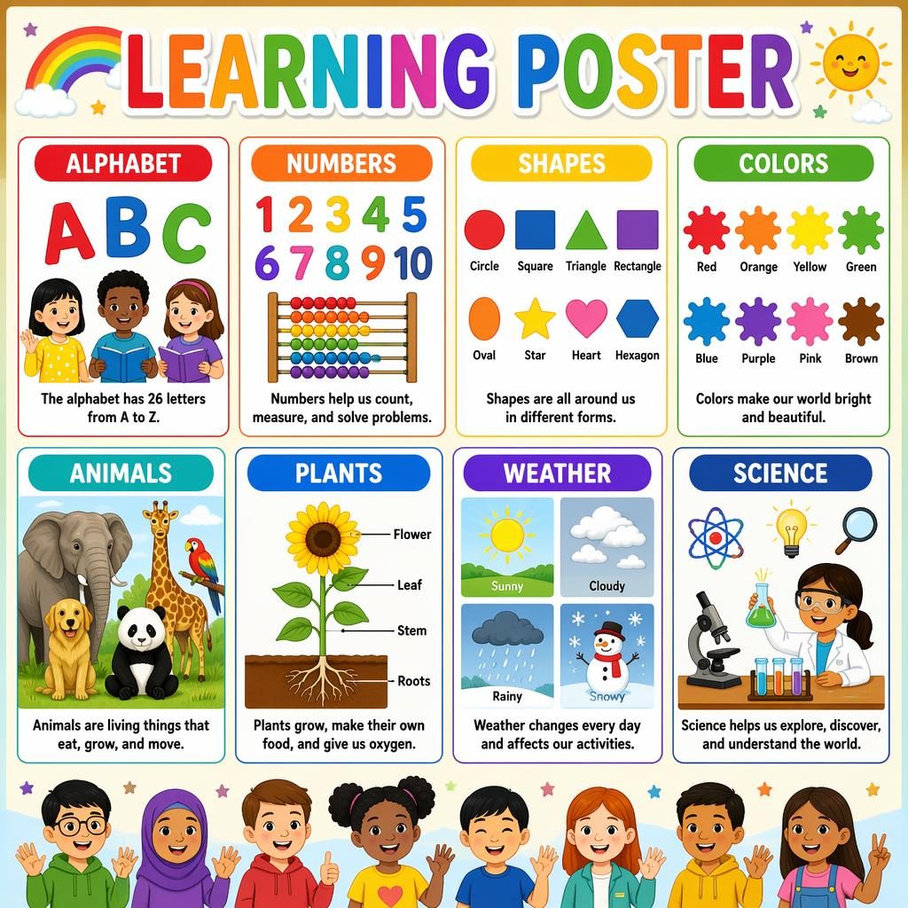 Infografía tipo poster de aprendizaje con 8 tarjetas coloridas en cuadrícula, iconos educativos y textos en inglés.