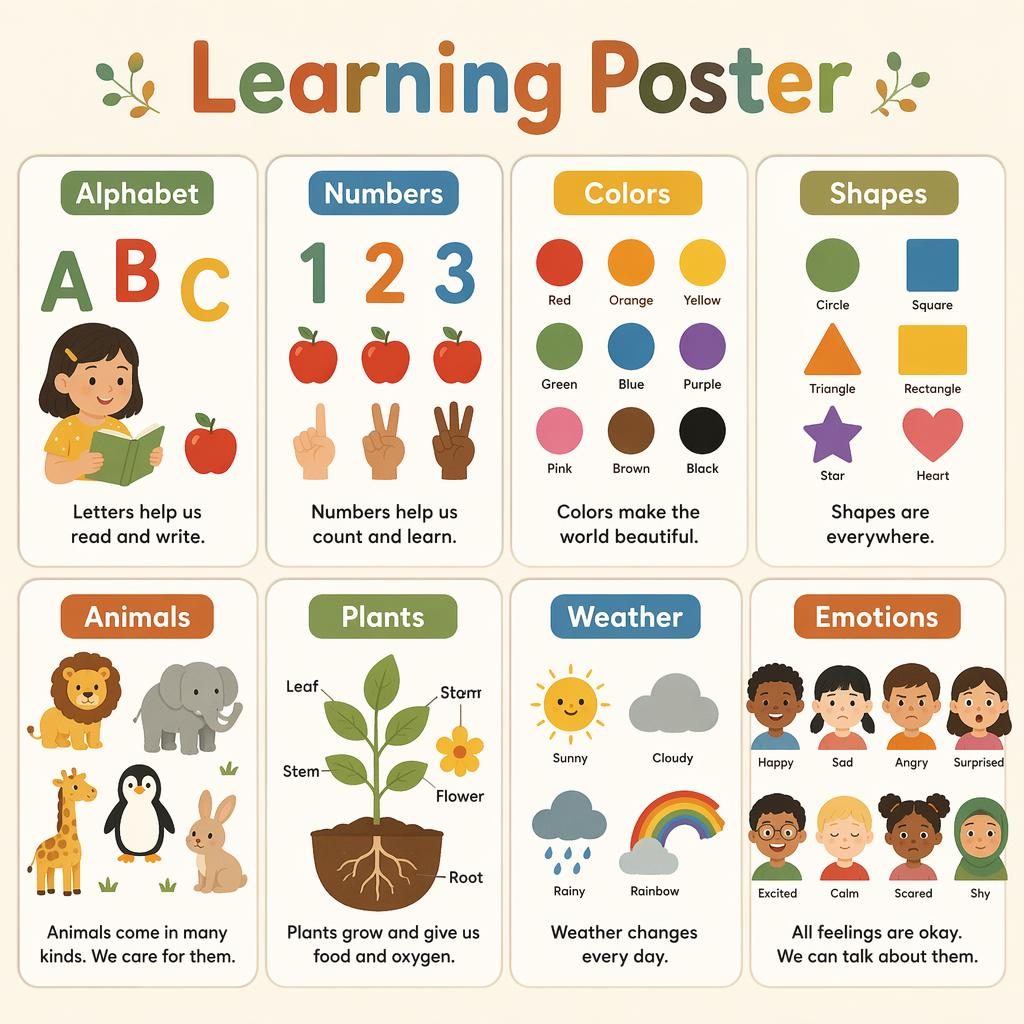 Educational poster with 8 learning cards for kids: alphabet, numbers, colors, shapes, animals, plants, weather, emotions.