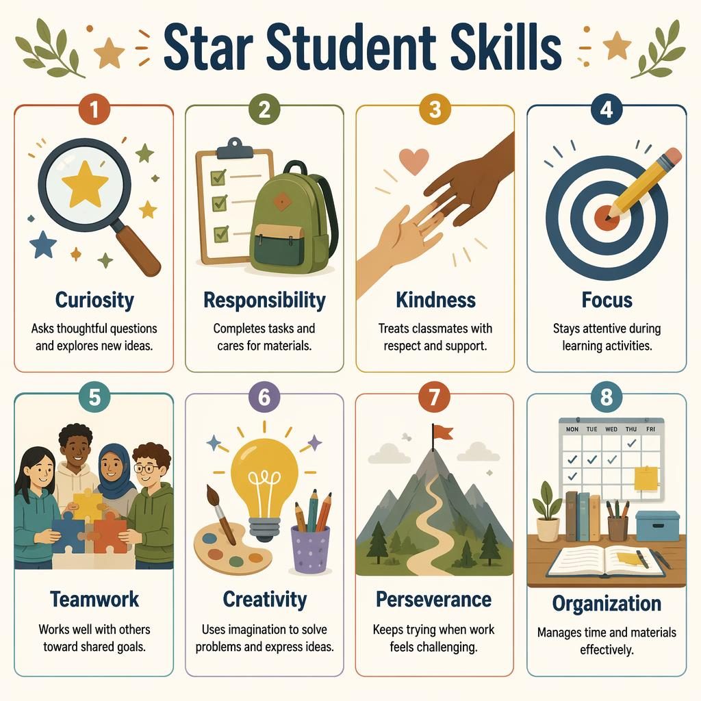 Educational poster with 8 skill cards in a clean grid, showing diverse students, icons, and English labels for star student traits.