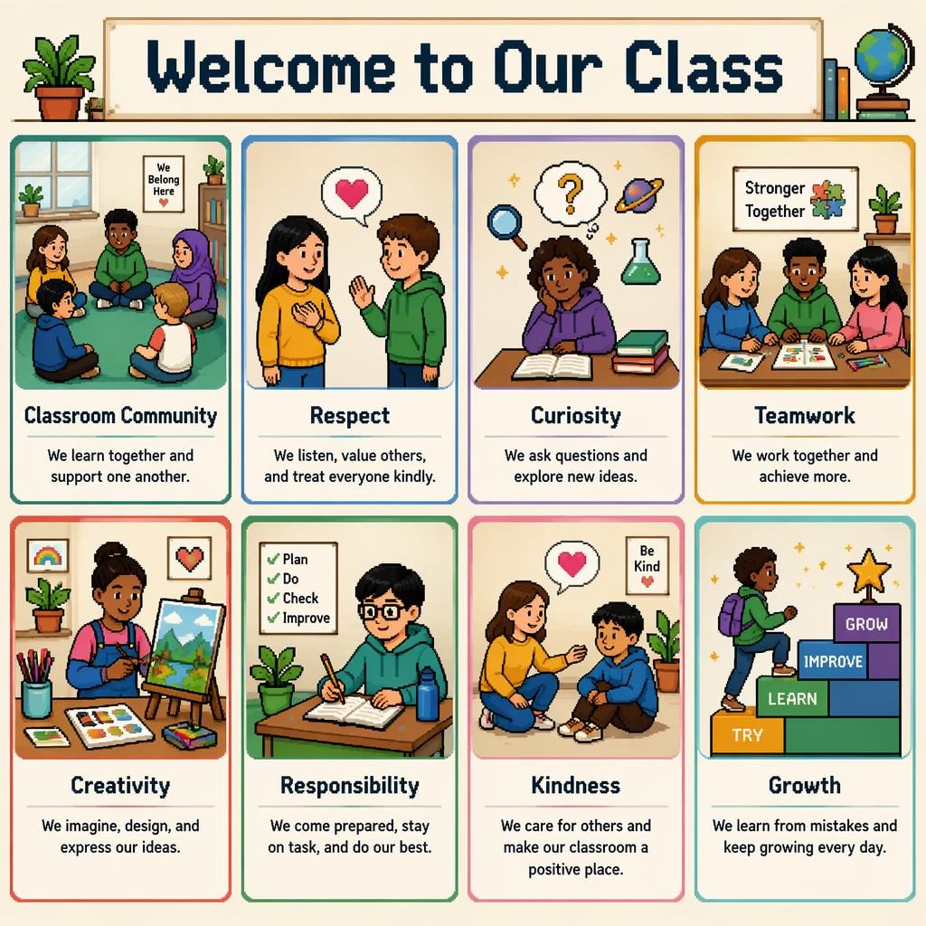 Pixel art welcome to our class poster with 8 classroom value cards, diverse middle school students, icons, and English labels.