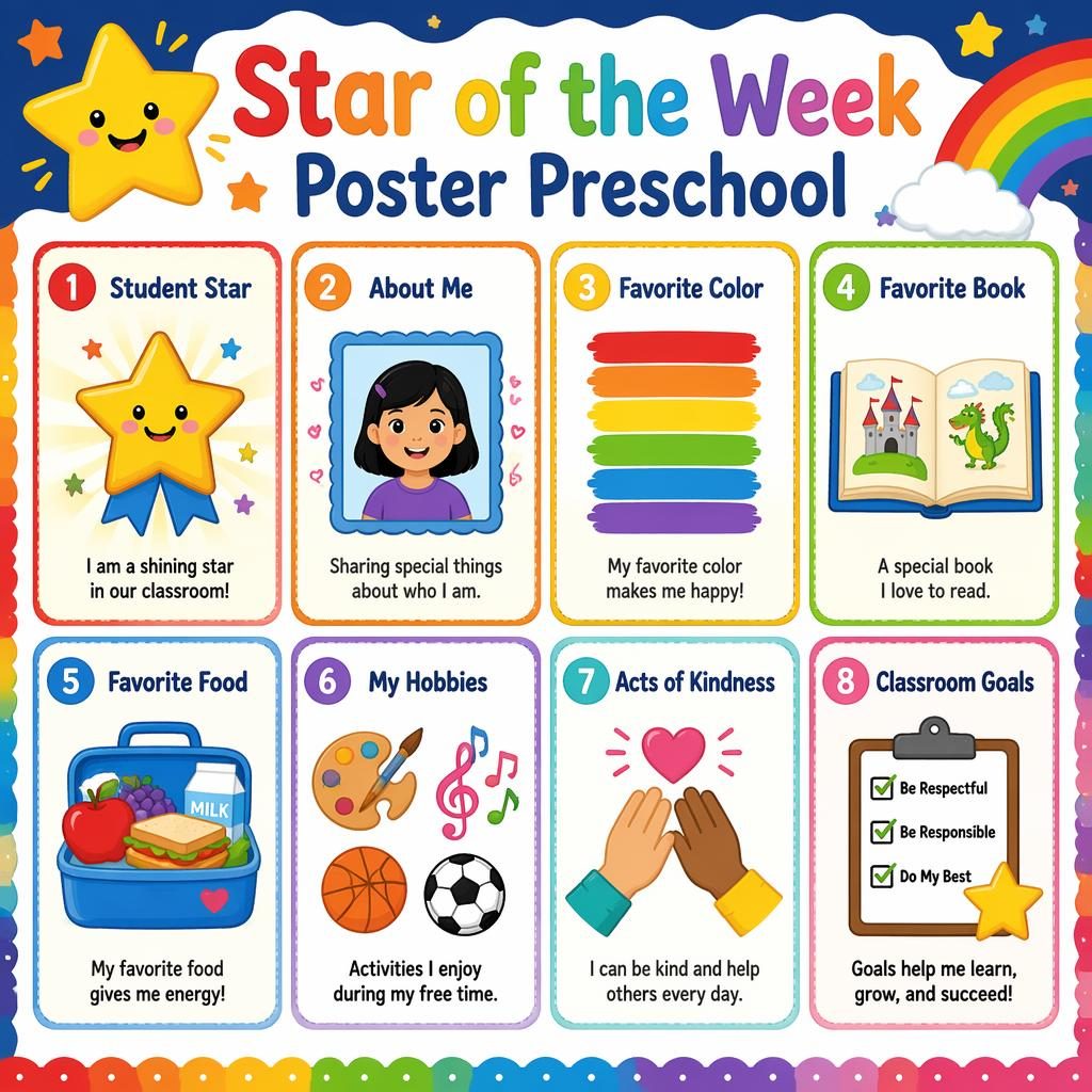 Colorful preschool star of the week poster with 8 classroom cards, kid-friendly icons, rainbow palette, and English labels.