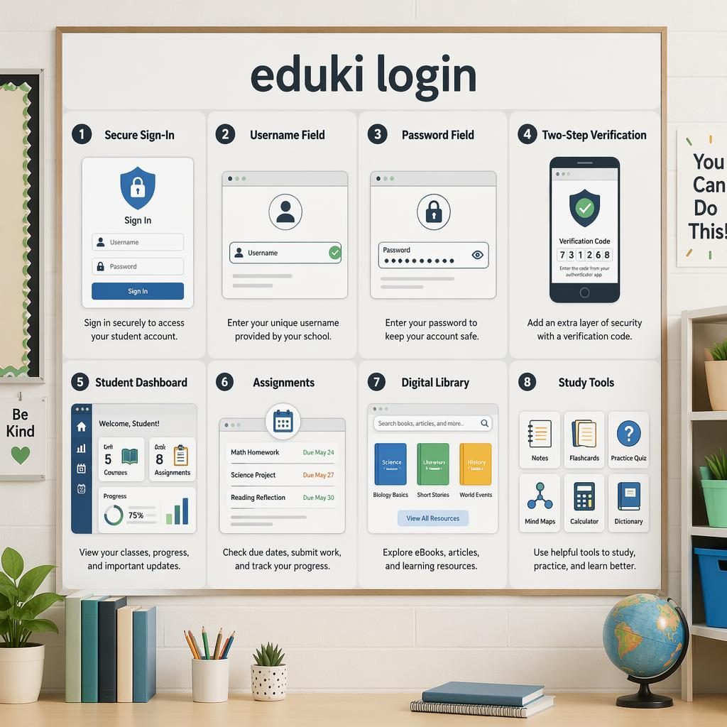 Klassenzimmer-Poster mit eduki login, 8 Karten im Raster zu Sign-in, Passwort, Verifizierung, Dashboard und Lernen