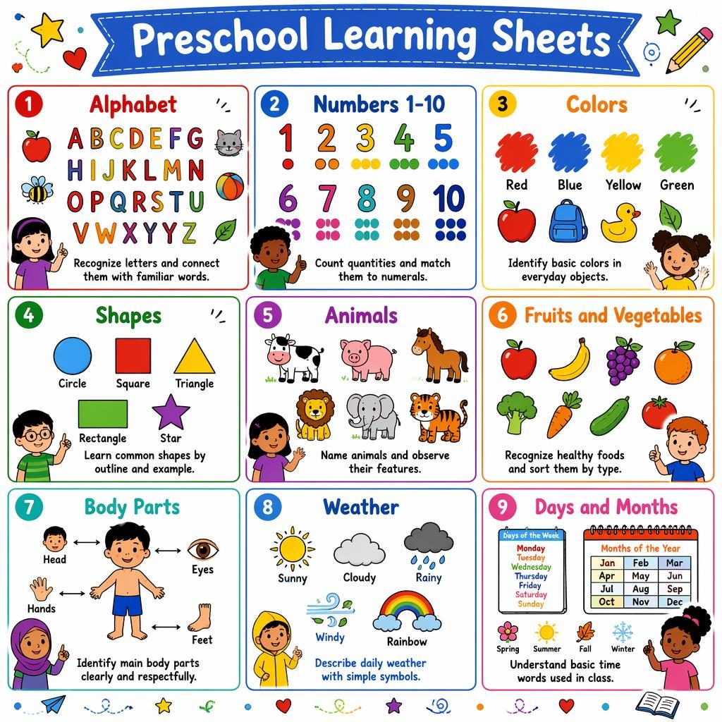 Infografía con 9 tarjetas educativas en cuadrícula 3x3 sobre letras, números, colores, formas y más.