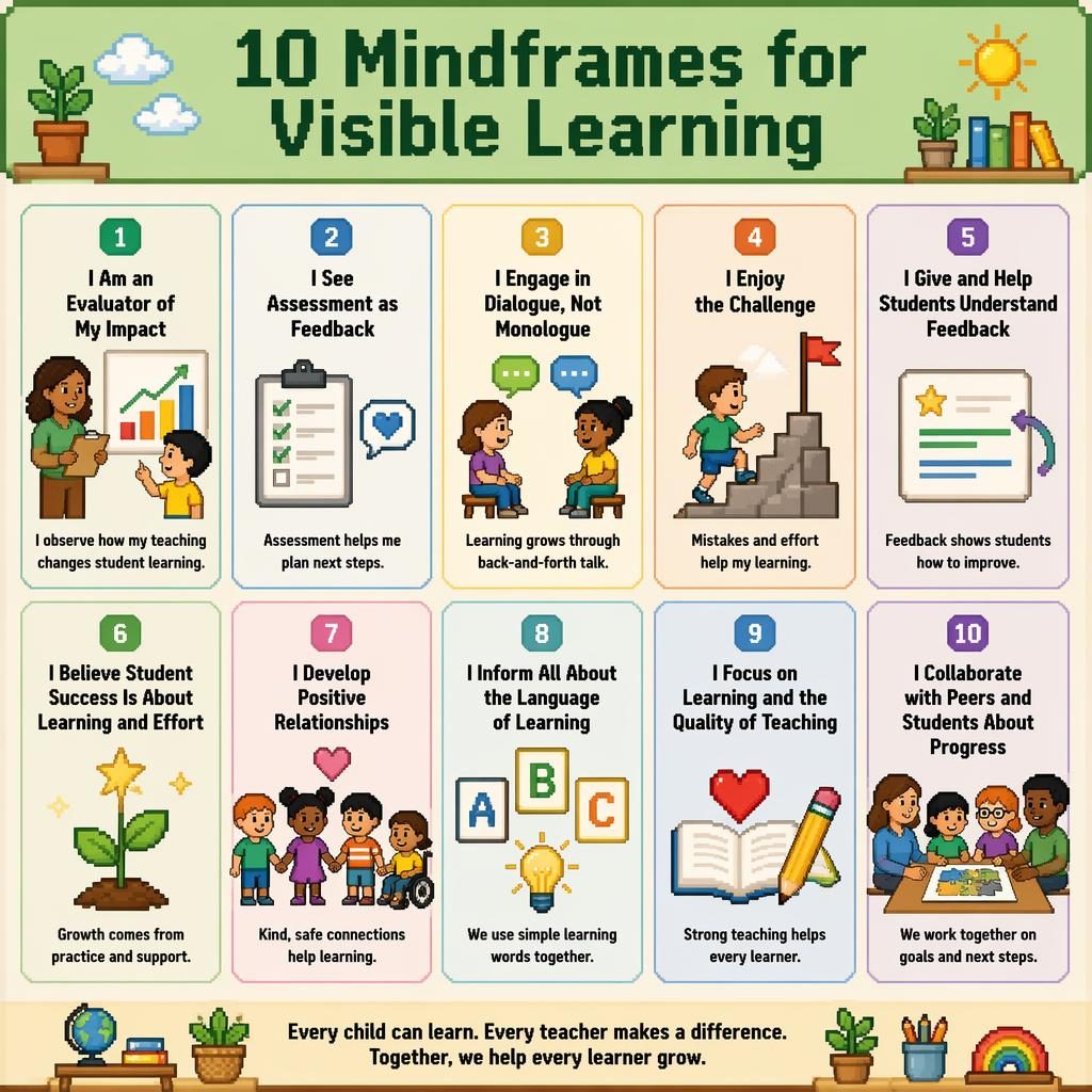 Pixel art classroom poster with 10 labeled cards in a grid, showing visible learning mindframes with simple inclusive icons.