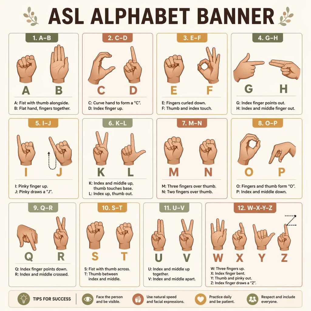 12-card ASL alphabet banner grid with handshape diagrams, English labels, and warm earth Montessori-style blocks.