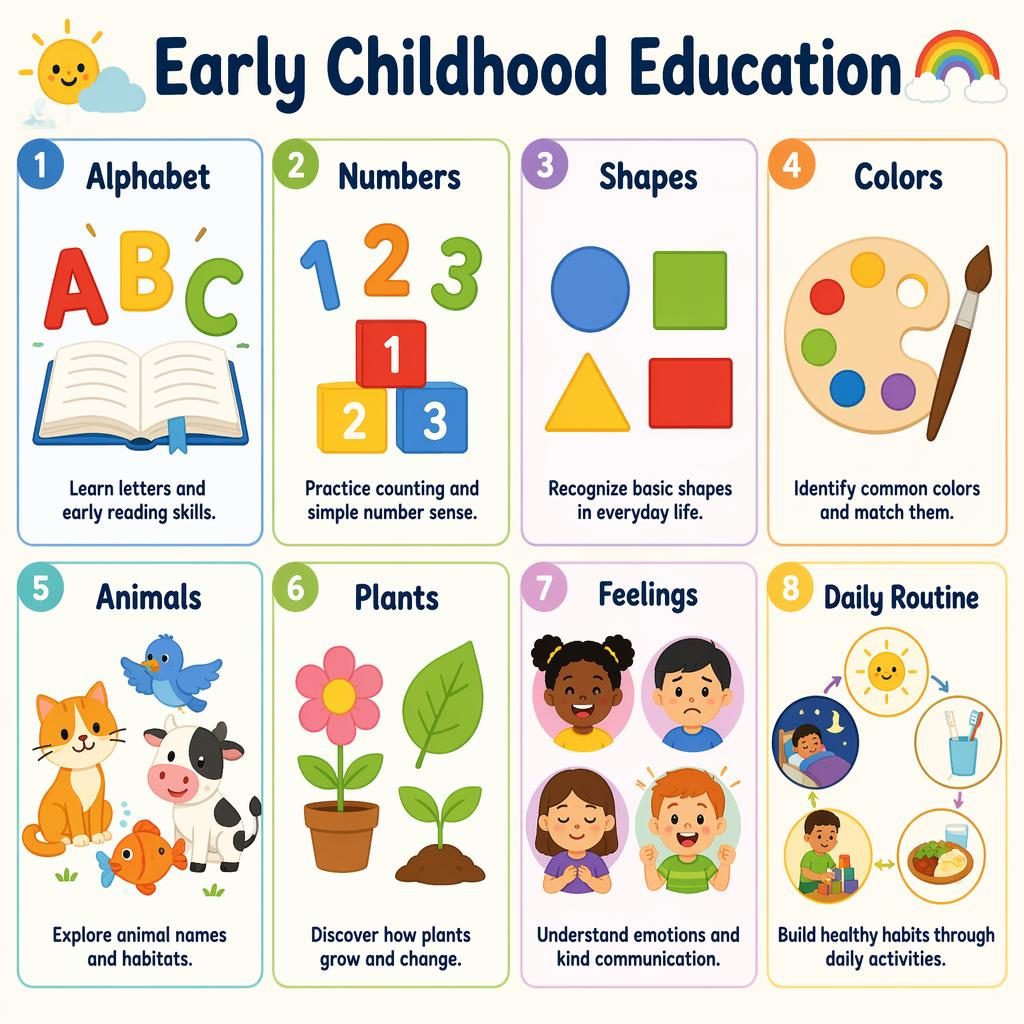 Flat pastel early childhood education poster with 8 cards: alphabet, numbers, shapes, colors, animals, plants, feelings, daily routine.