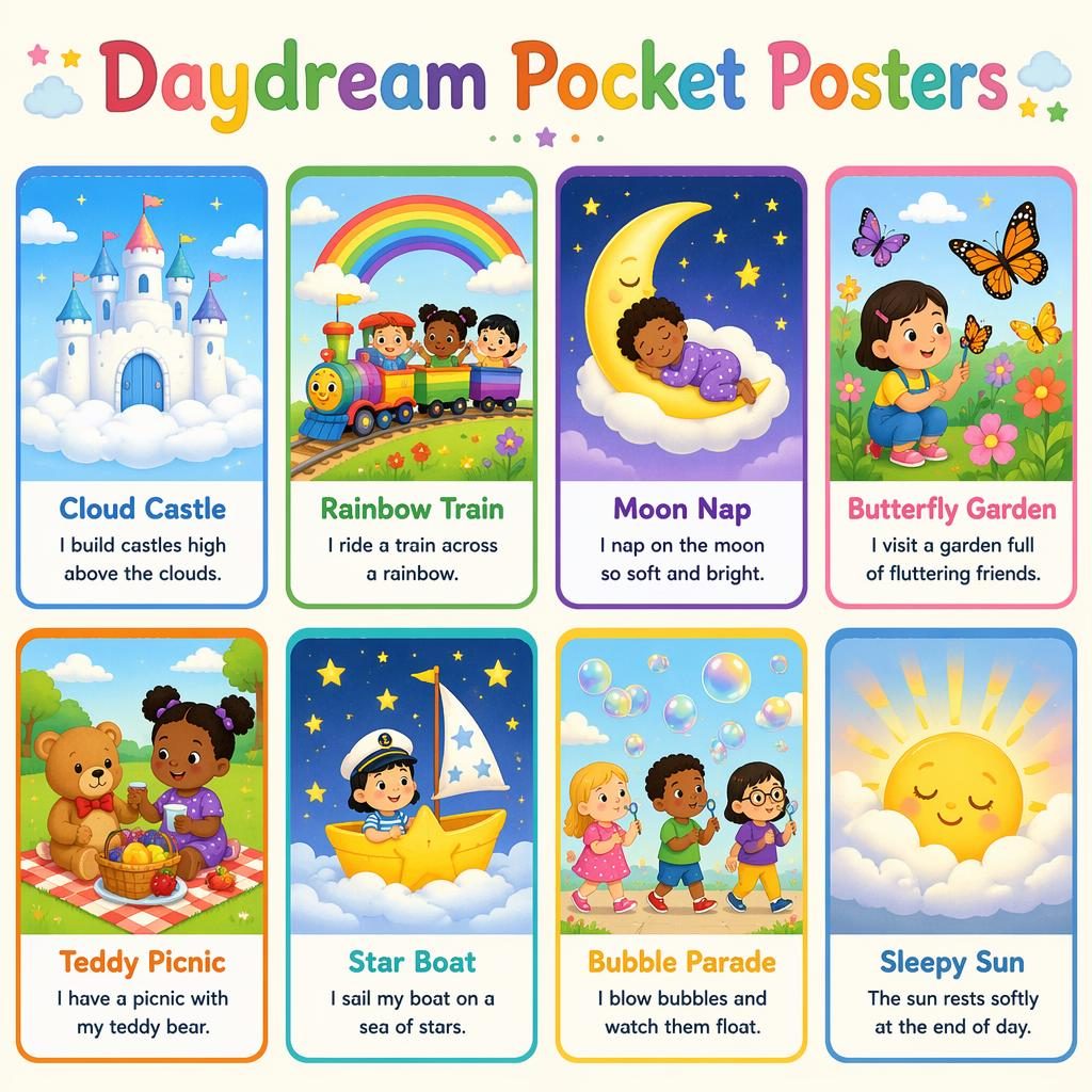 Colorful classroom poster grid with 8 toddler cards showing cloud castle, rainbow train, moon nap, and more.