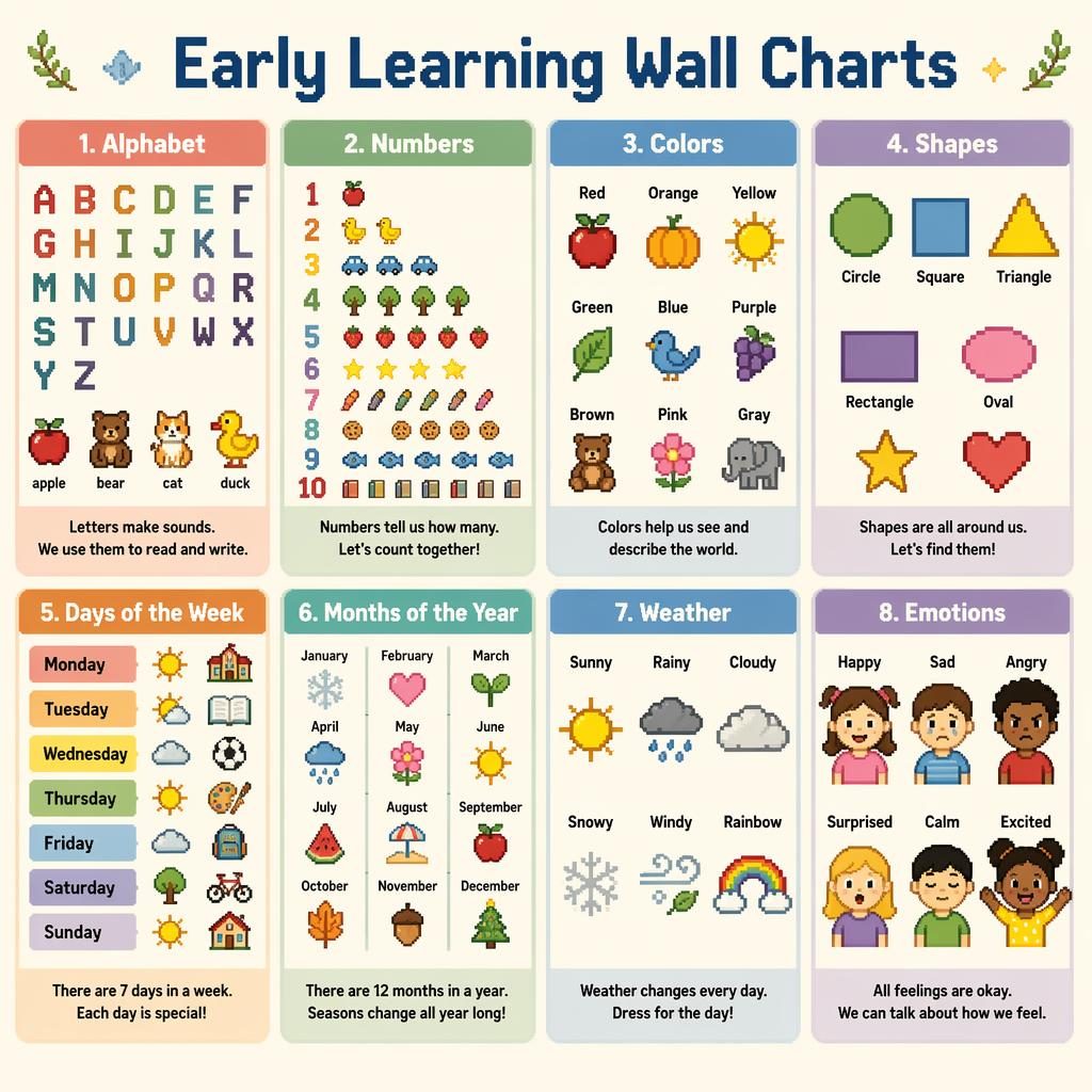 Pixel art classroom poster with 8 cards for alphabet, numbers, colors, shapes, days, months, weather, and emotions.