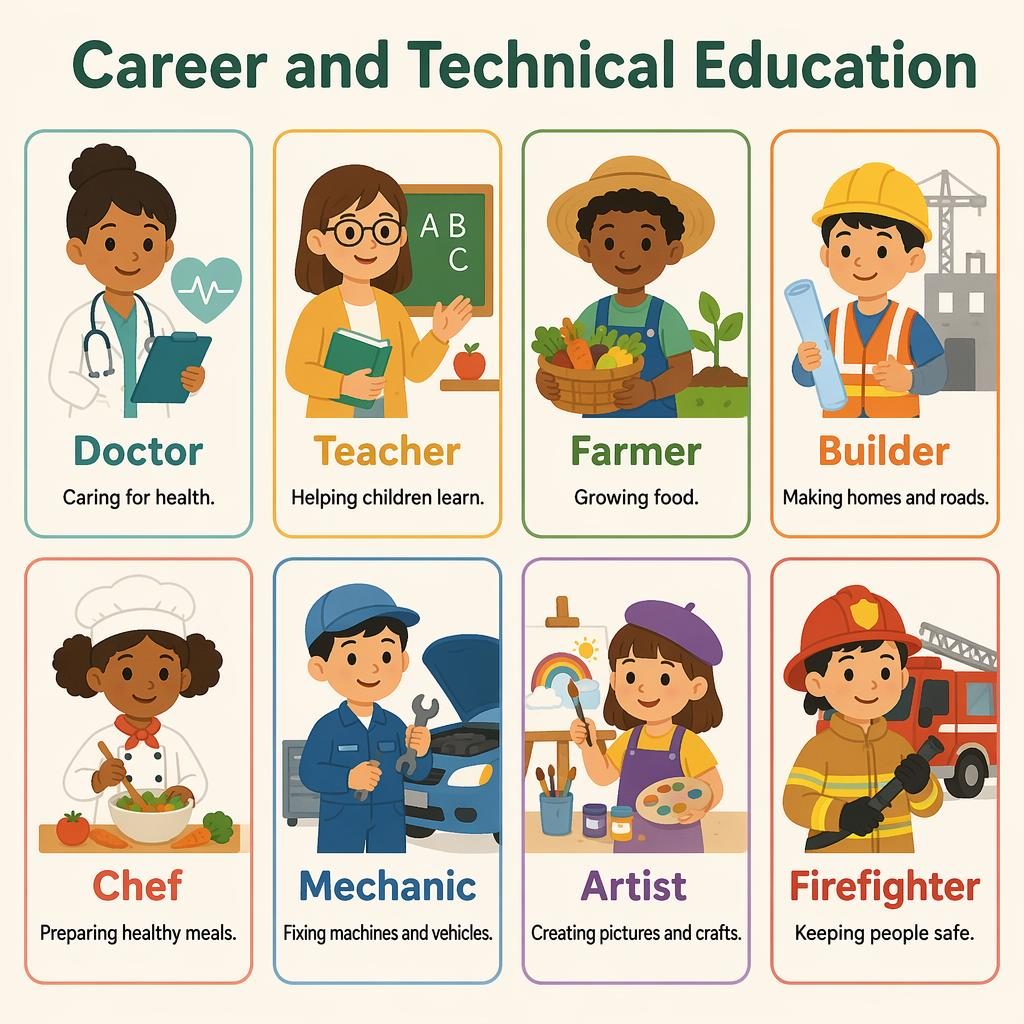 Educational poster with 8 career cards in a Montessori-style grid for kids: doctor, teacher, farmer, builder, chef, mechanic, artist, firefighter.