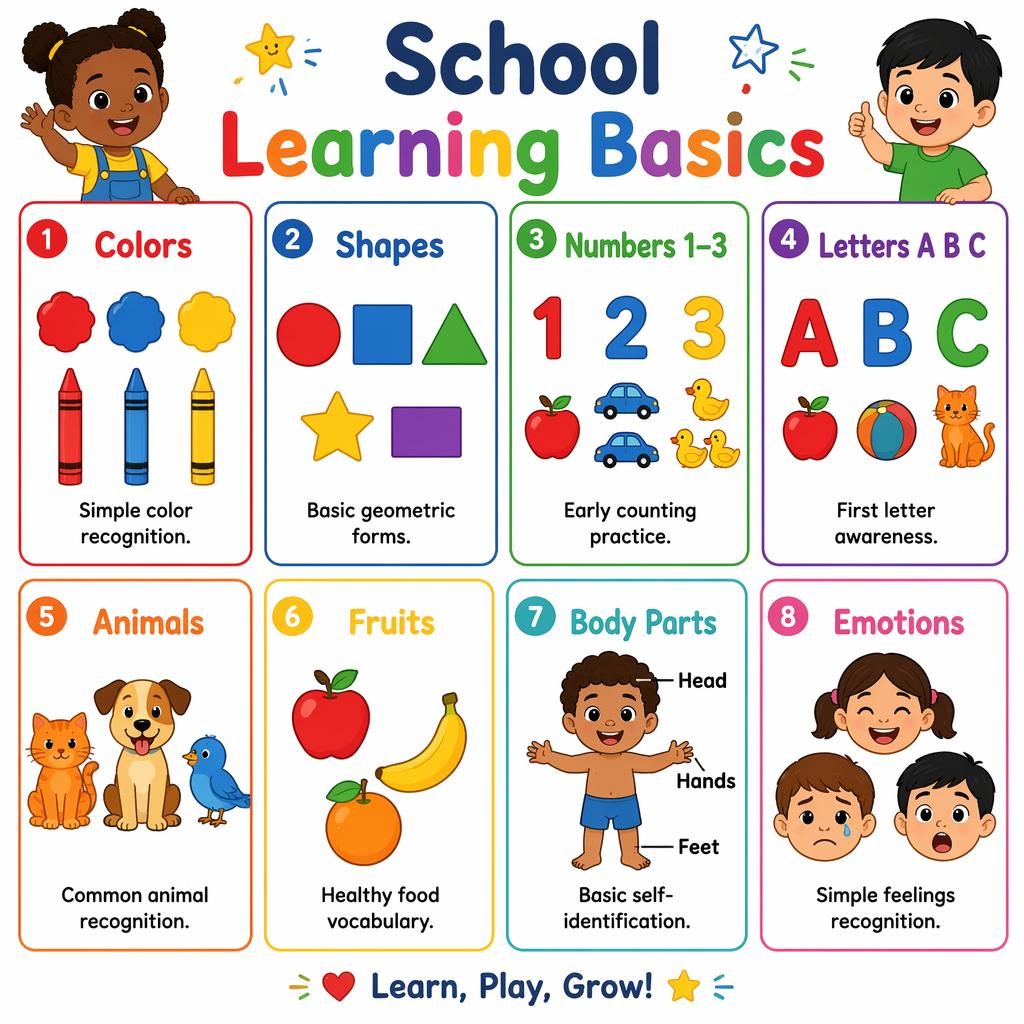 Póster infantil tipo lamina escolar con 8 tarjetas en cuadrícula sobre colores, formas, números, letras, animales, frutas, cuerpo y emociones.