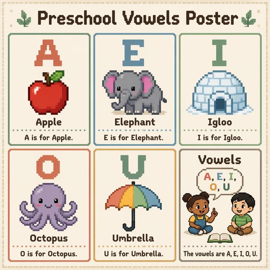 Infografía en cuadrícula con 6 tarjetas de vocales para preescolar, ilustraciones pixel art y texto en inglés legible.