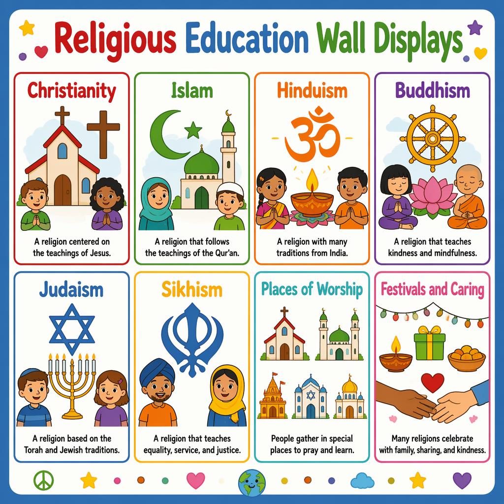 Educational poster with 8 toddler-friendly cards on world religions, symbols, places of worship, and caring themes.