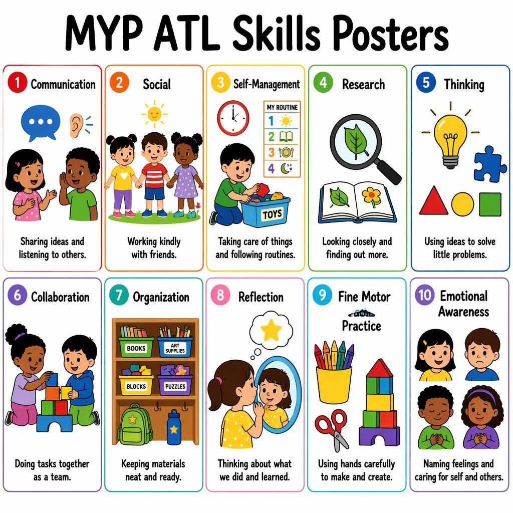 Grid of 10 colorful MYP ATL Skills Posters cards with icons, English labels, and toddler-friendly classroom scenes.