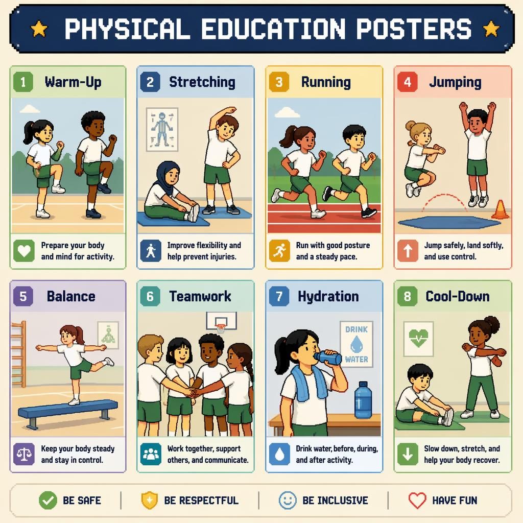 Pixel art classroom poster with 8 PE cards: Warm-Up, Stretching, Running, Jumping, Balance, Teamwork, Hydration, Cool-Down.