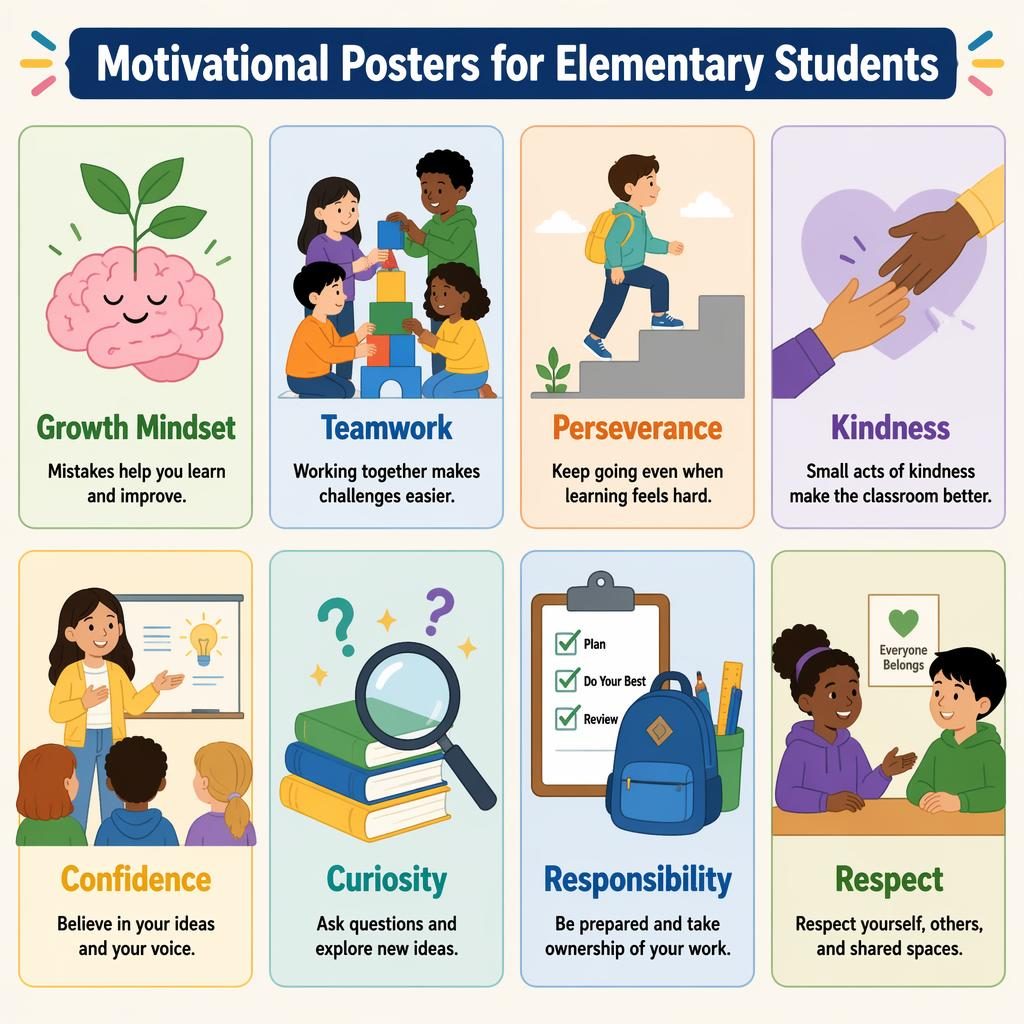 Educational poster with 8 pastel cards showing growth mindset, teamwork, perseverance, kindness, confidence, curiosity, responsibility, and respect.