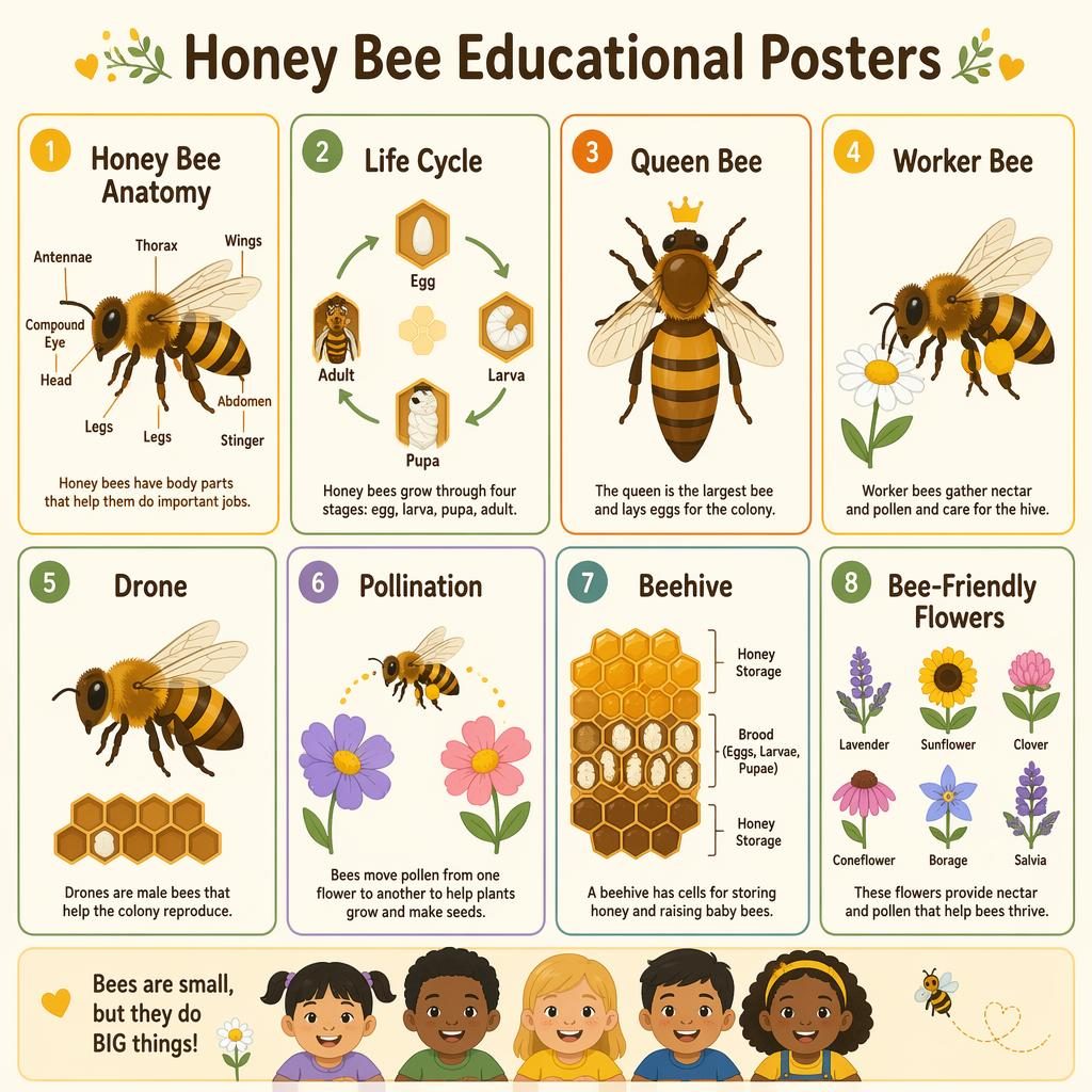 Grid infographic of 8 Montessori-style honey bee educational posters with bee anatomy, life cycle, hive, pollination, and flowers.