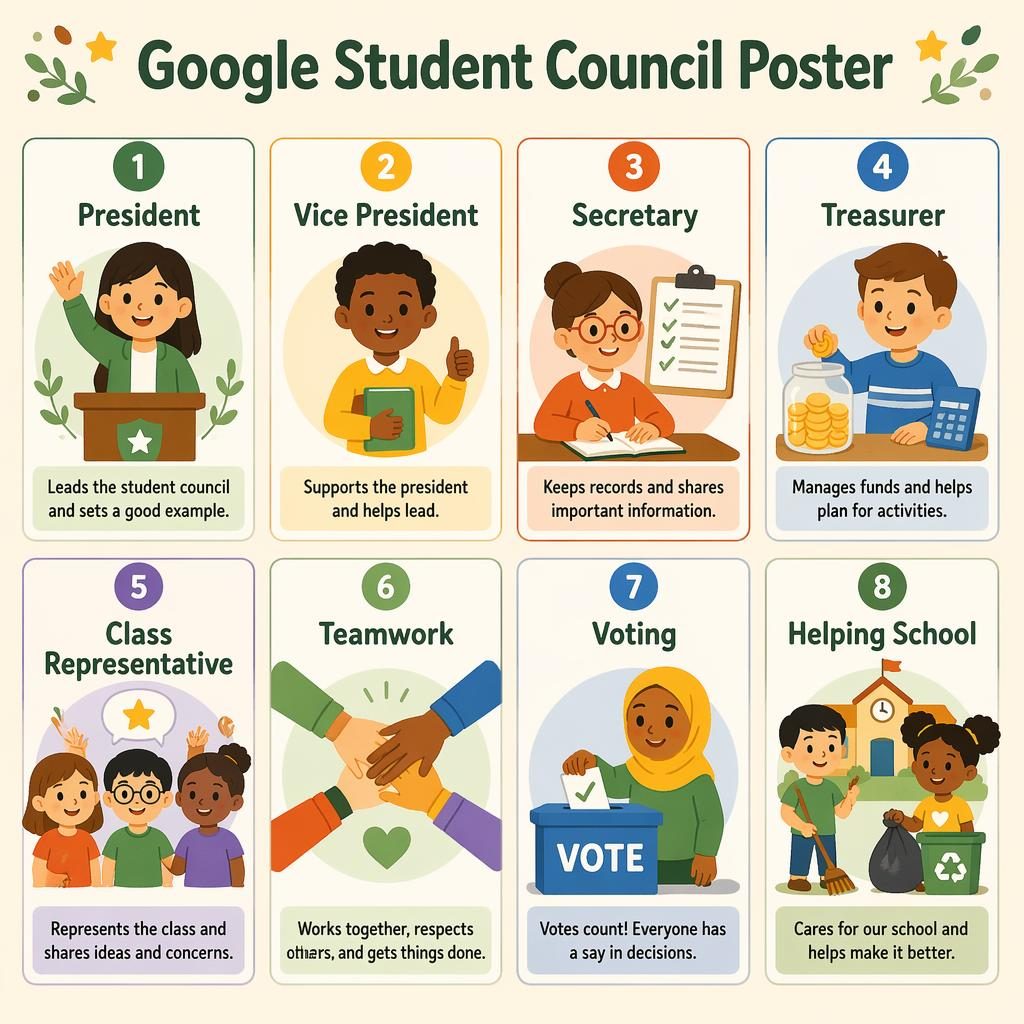 Grid poster with 8 student council cards for kids, showing roles, voting, teamwork, and helping school in warm tones.