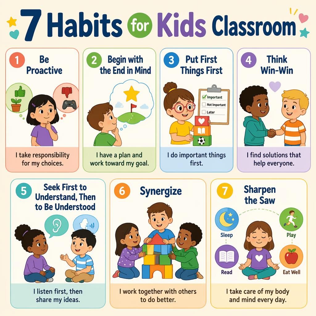 Educational poster with 7 pastel habit cards for kids, showing icons, English labels, and diverse classroom-friendly illustrations.