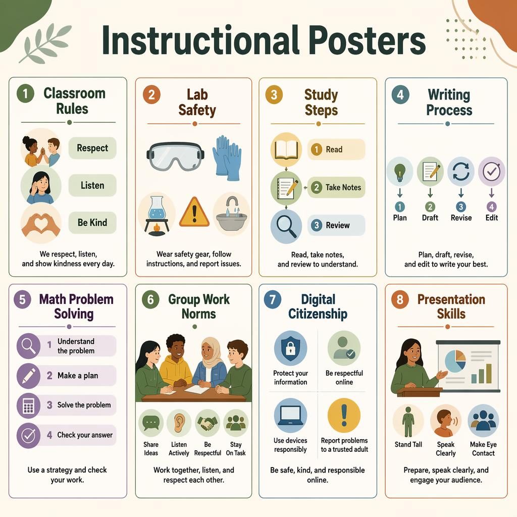 Educational poster with 8 classroom instruction cards in a modern Montessori grid with icons, English labels, and warm earth tones.