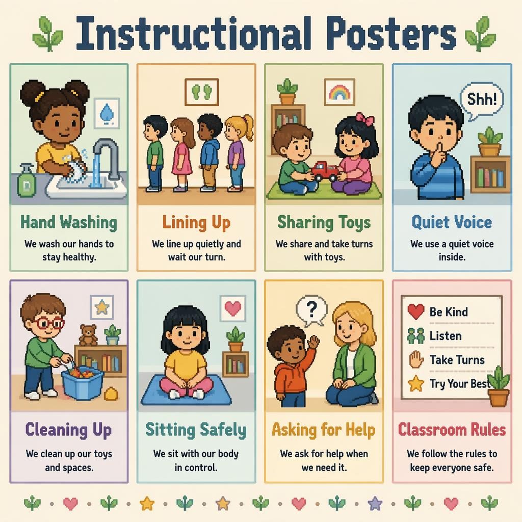 Pixel art classroom poster with 8 instructional cards for kids, showing hand washing, lining up, sharing, and rules.
