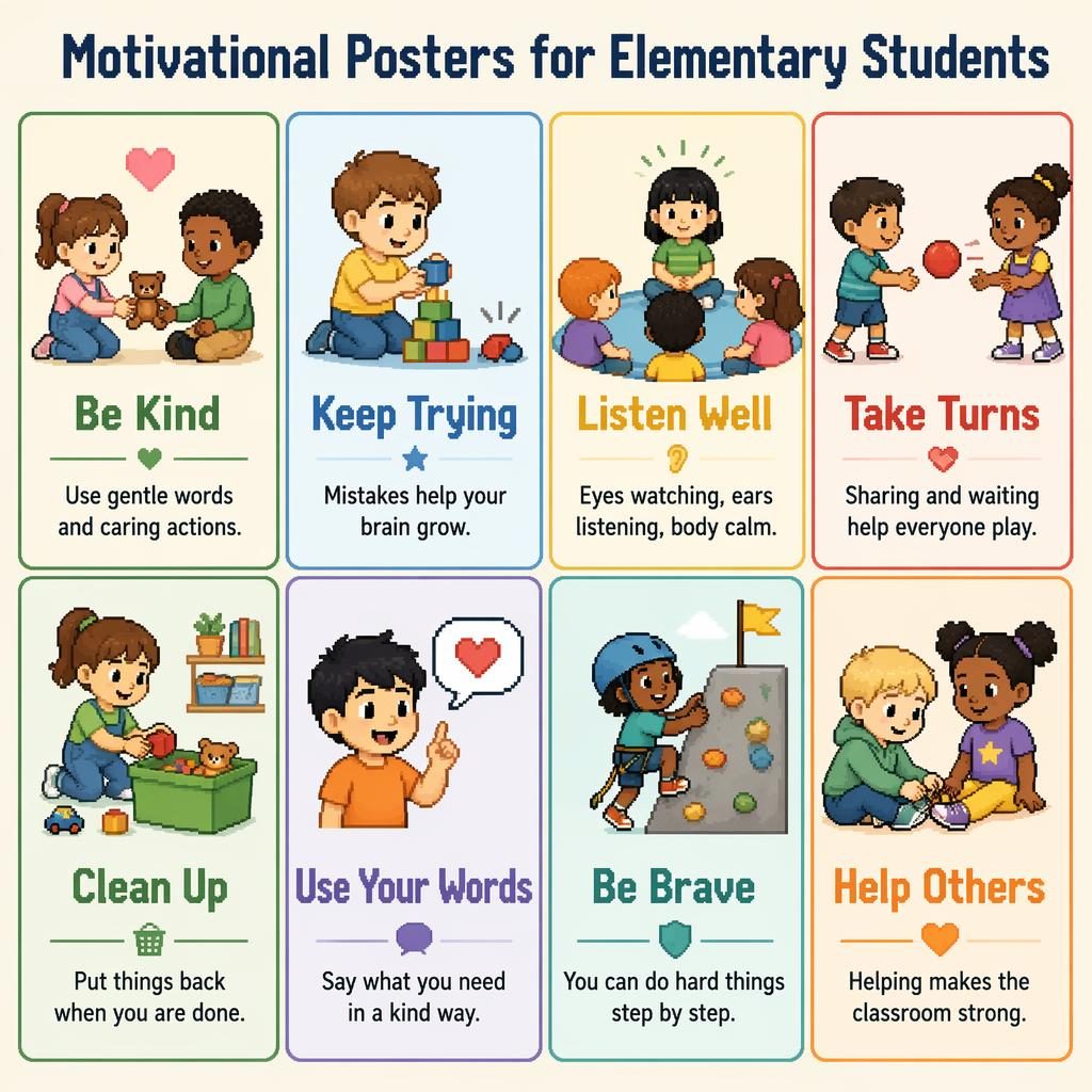 Grid infographic of 8 pixel art classroom cards for kids, each showing a behavior poster with English labels and simple icons.