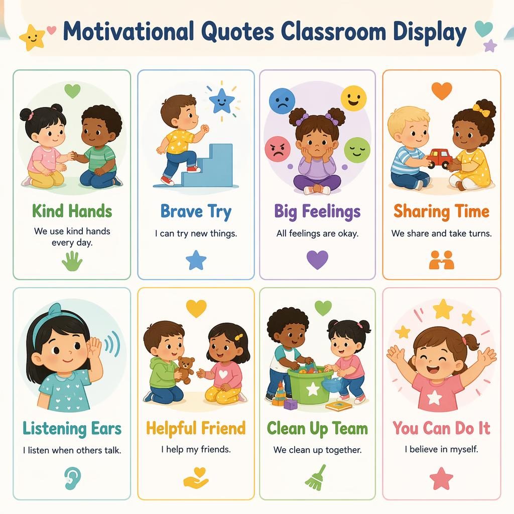 Educational poster with 8 illustrated cards on kindness, feelings, sharing, listening, helping, cleanup, and confidence