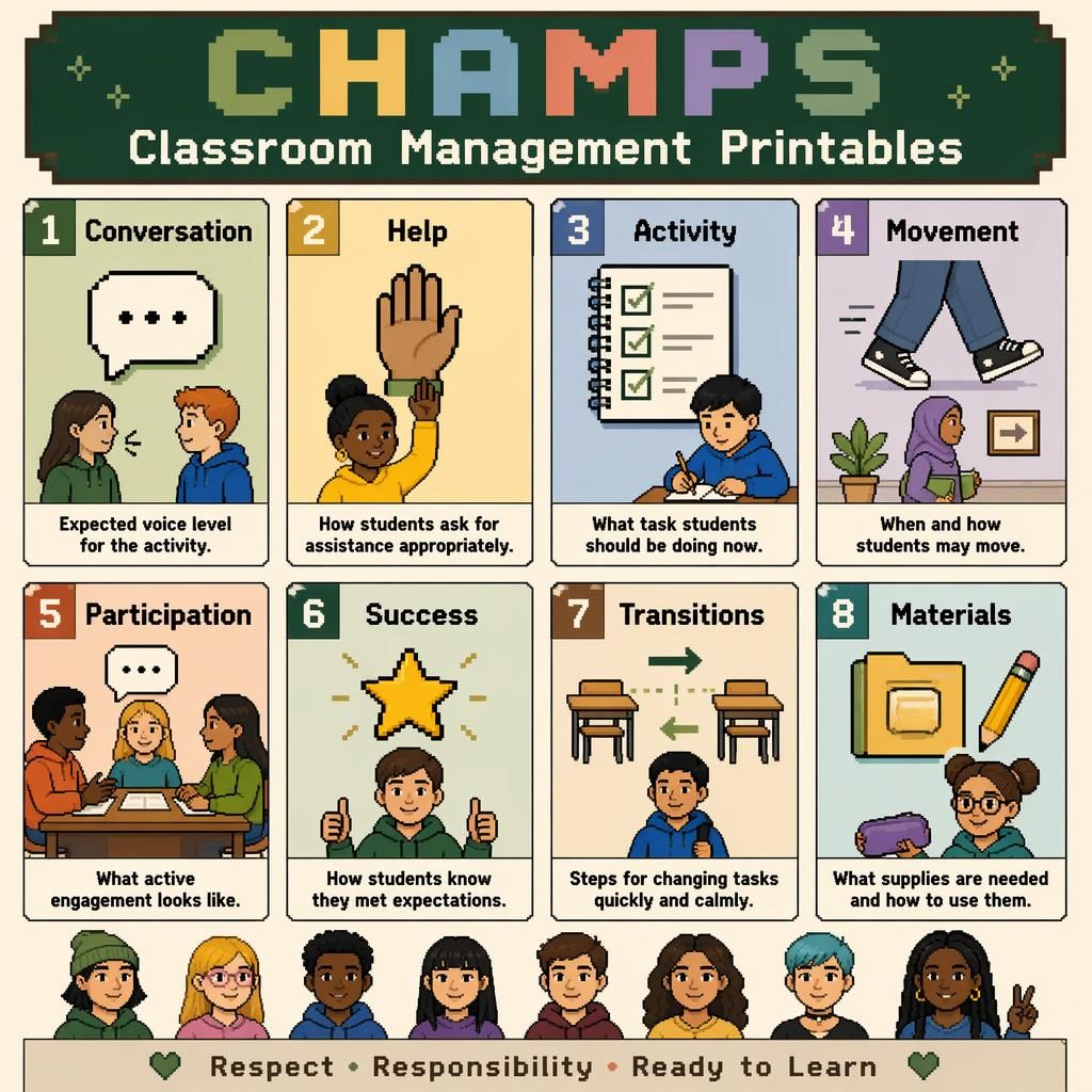 Pixel art classroom poster grid with 8 CHAMPS cards, icons, English labels, and diverse middle school students.
