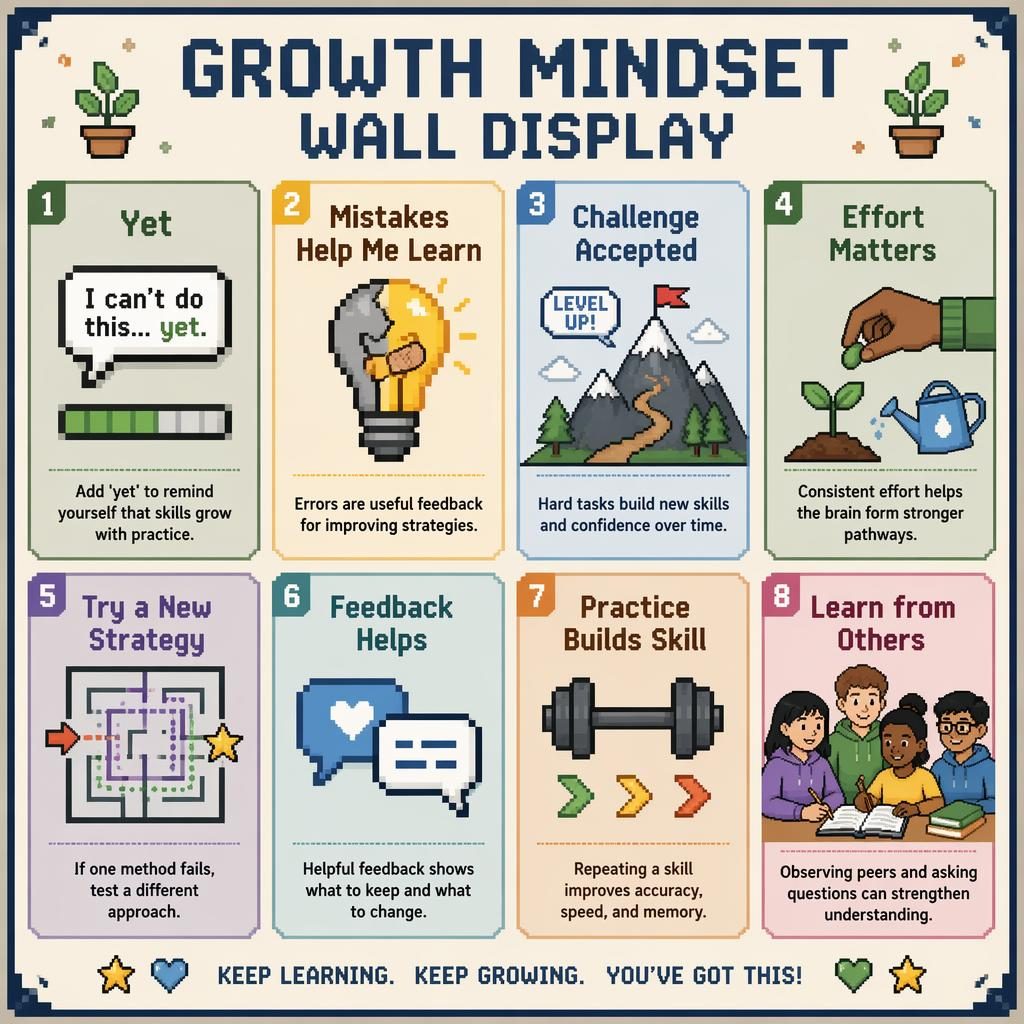 Pixel art classroom poster with 8 growth mindset cards in a clean grid, English labels, muted Montessori colors.